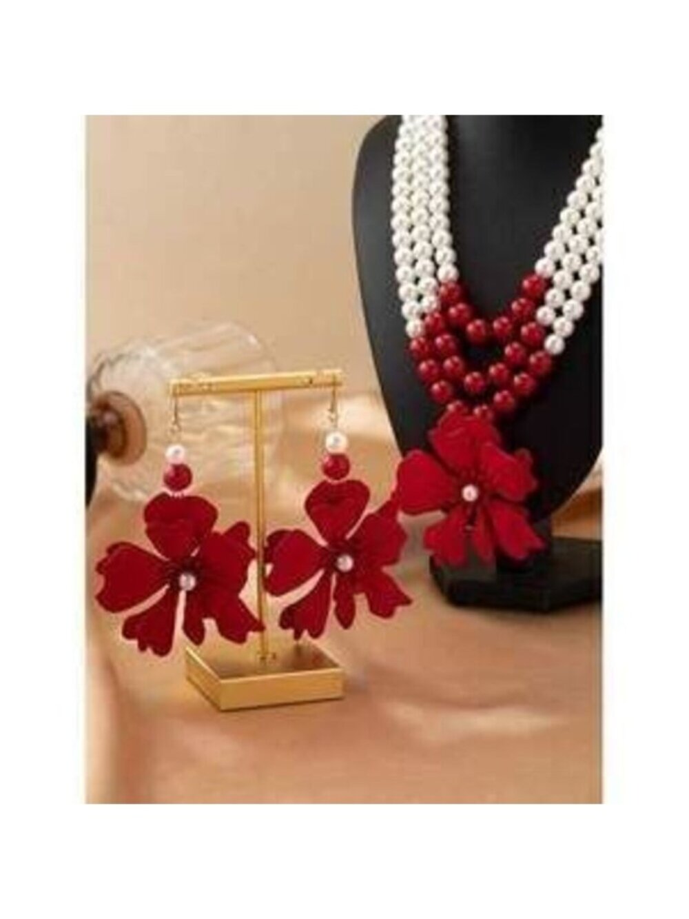 Red Flower 3-Layer Pearl Necklace Earrings Dainty Gift